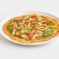 Spicy Chicken Pesto Thin Crust · Grilled chicken, pesto, jalapenos, roasted red peppers, green bell peppers, and cherry tomat...