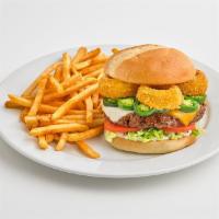 Jalapeno & Onion Ring Burger · Topped with cheddar & mozzarella cheeses, lettuce, tomatoes, jalapeño peppers, and onion rin...
