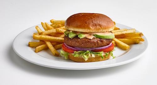 Beyond Burger · Beyond Meat® 100% plant-based burger patty on top of lettuce, tomatoes, red onions, and sliced avocado. Served on a toasted bun with roasted red pepper aioli. Served with seasoned fries. Vegetarian.