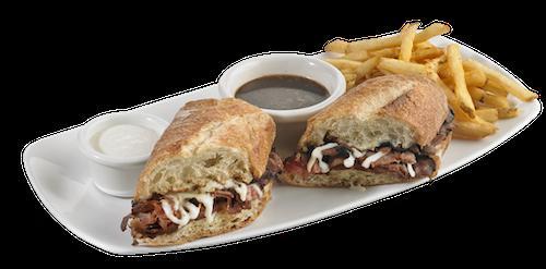 French Dip Sandwich · Thinly sliced roast beef and melted fontina cheese piled high on a toasted hoagie roll. Served with a side of horseradish cream sauce and au jus for dipping. Served with seasoned fries.