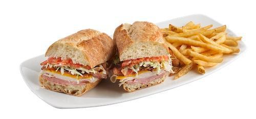 Club Sandwich · Stacked turkey, ham, cheddar cheese, bacon, lettuce, freshly-sliced tomatoes, and mayo on a toasted hoagie roll. Served with seasoned fries.