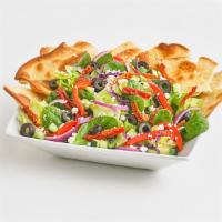 Mediterranean Entree Salad · Fresh mixed greens with black olives, sun-dried tomatoes, cucumber, and red onions tossed wi...