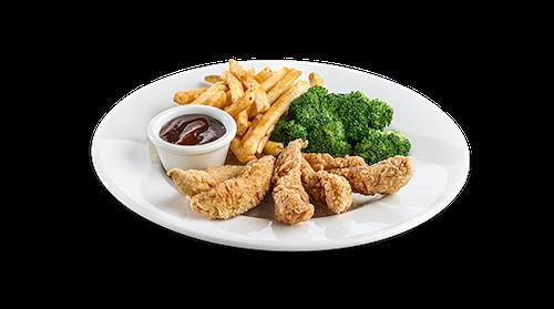 Chicken Strips · Hand-breaded chicken strips with seasoned french fries and coleslaw. Served with honey mustard dressing, barbecue sauce, or ranch dressing.