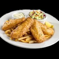 Fish & Chips · Crispy, fried Cod fish in a craft beer batter, served with seasoned french fries, coleslaw, ...