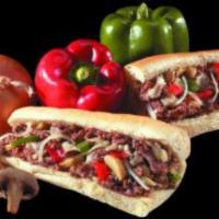 Steak Hot Sub · Onion, mushrooms, green peppers and cheese. Served with baked mozzarella.