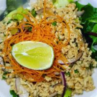 Larb Salad · Ground chicken , scallion, Thai herbs, toasted rice powder, lime, red onion and mint. Hot an...