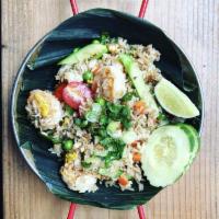Green Curry Fried Rice · With green curry paste, basil, bell pepper, onion, bamboo shoot, string bean and egg. Hot an...