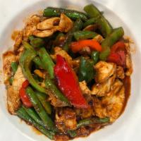 Pad Prik Khing · Fresh long bean, bell pepper, long chili with prik khing curry paste. Hot and spicy.