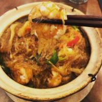 Clay Pot  Shrimp · 12 jumbo shrimp, pepper, glass noodle, cilantro shrimp paste in hot pot.