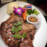 Grilled T-bone Steak (20 oZ) · with 5  spiced sauces, mashed potatoes and sauteed mixed green and white rice