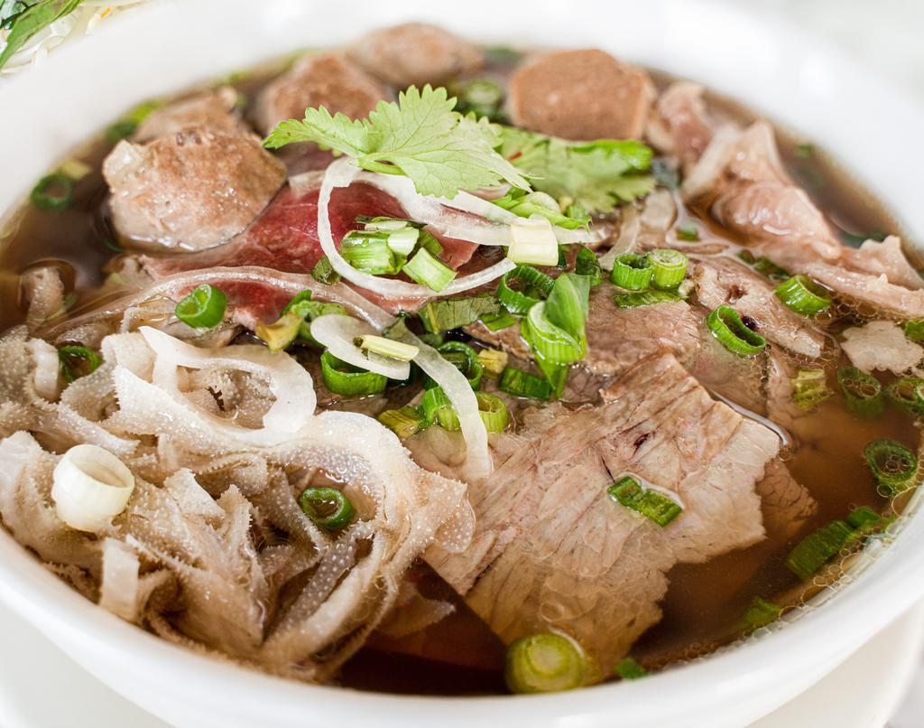 PS. House Special Pho · A special combination of round steak, flank, meatballs, well-done brisket, tripe, and tendon.