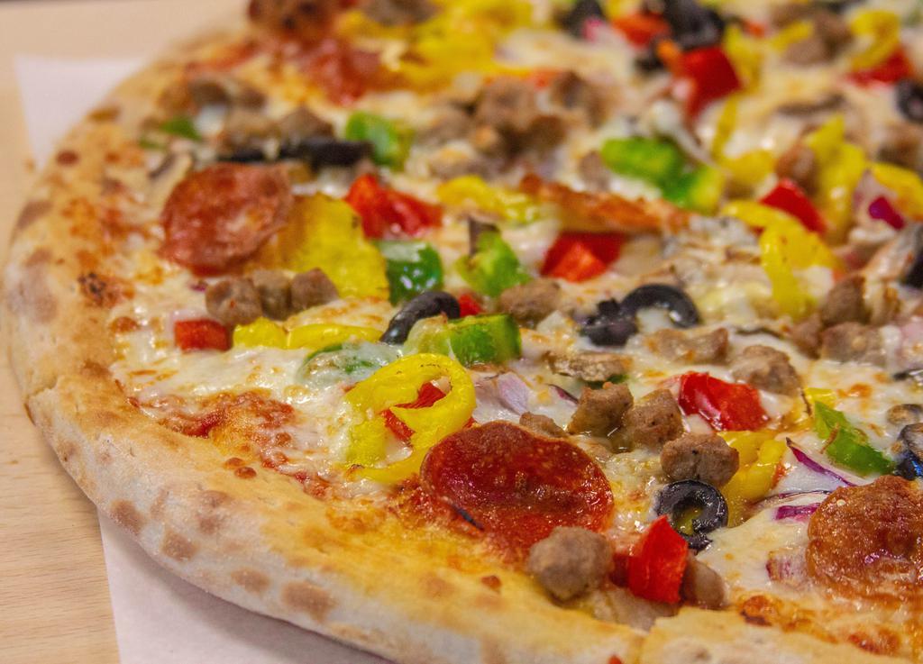 Supreme Pizza · Pizza sauce, topped with mozzarella cheese, pepperoni, sausage, ham, ground beef, red onions, mix green peppers, black olives, fresh mushroom, and extra mozzarella cheese.