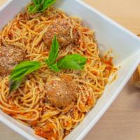 Spaghetti Meatballs · Spaghetti topped with marinara sauce and meatballs, garnished with Parmesan cheese. Served w...