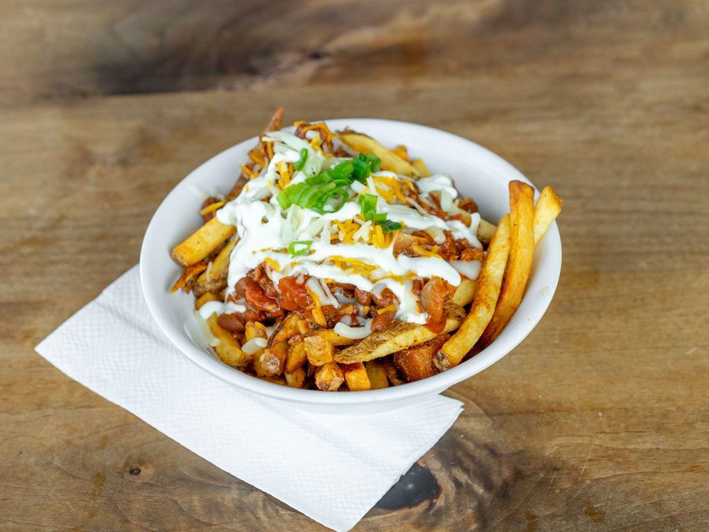 Chili Cheese Fries · Fried potatoes topped with cheese and chili. 