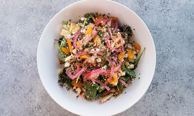 Hannahs Field Salad · Kale, quinoa, fuji apple, apricot, toasted almonds, pecorino stagionato, and pickled red onion with apple cider mustard vinaigrette. *All dressings will be served on the side.