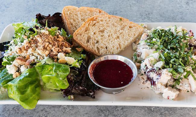 Raspberry Chicken Salad · Organic chicken salad with pecans, apples, gorgonzola and mayonnaise with mixed greens and raspberry vinaigrette. *All dressings will be served on the side.