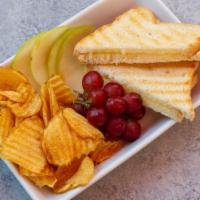 Kids Grilled Cheese · Made with white cheddar and served with ketchup, chips, grapes & apple.