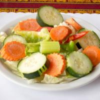 Garden Salad · Lettuce, cucumber, tomato, mushroom, red bell pepper, green bell pepper, celery and carrot s...