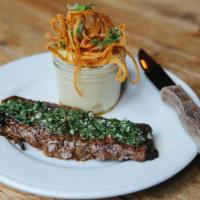 Skirt Steak · Chimichurri sauce, mashed potatoes,grilledo asparagus
