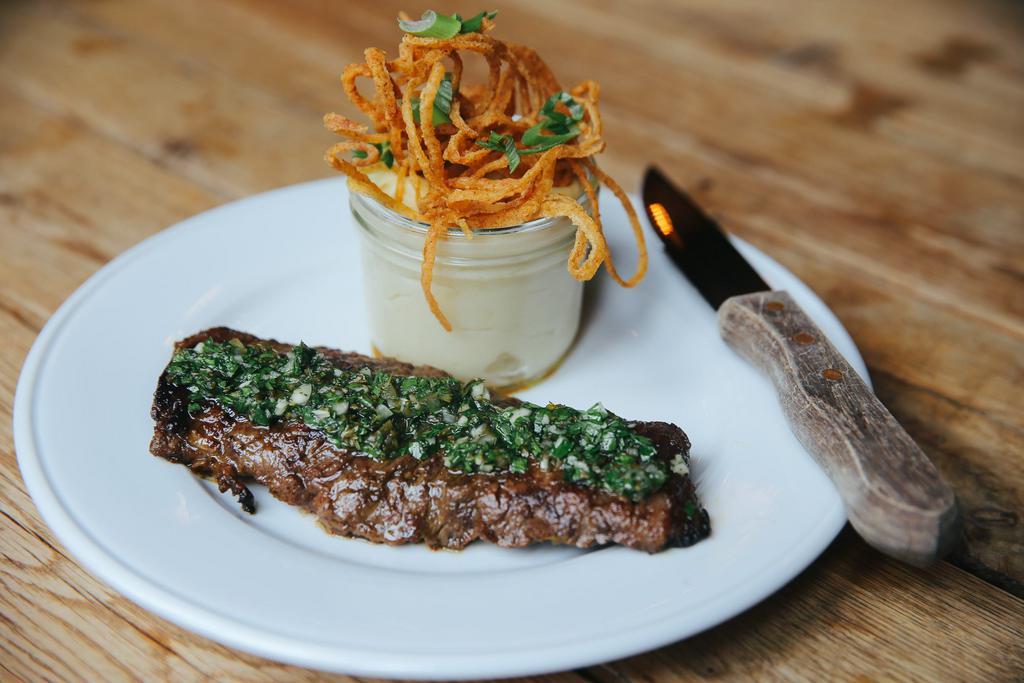 Skirt Steak · Chimichurri sauce, mashed potatoes,grilledo asparagus