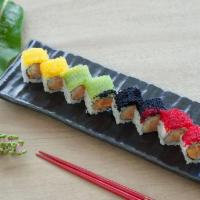Blue Pacific Roll · Spicy scallop, cucumber, tempura crunch inside and outside with color caviar. Spicy and raw.