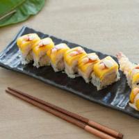 Soho Roll · 2 pieces shrimp tempura, stuffed with cucumber, topped with shrimp, lobster salad, mango, sp...
