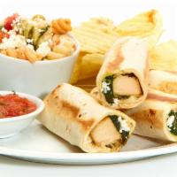 Wednesday - Spanakopita Roll-Up · Grilled chicken, blanched spinach, and feta in a griddled flour tortilla served with fresh s...