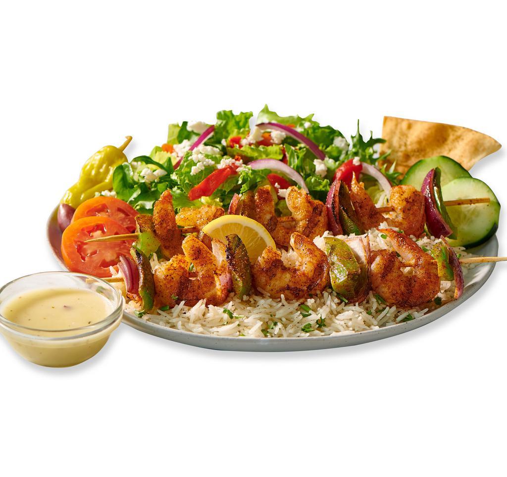 Shrimp Kebob Feast · Shrimp Kebobs with a side Greek Salad and your choice of Basmati rice or roasted new potatoes. Served with a Baked Pita Chip