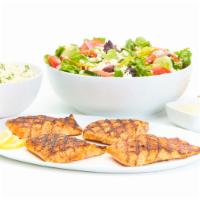 Grilled Salmon Family Feast for 4 · 4 - 8oz Seasoned chargrilled blackened salmon that includes a choice of salad with dressing,...