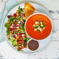 Tomato Basil Soup with Salad · Made with fresh tomatoes, basil, onions, garlic, and thyme. Topped with feta cheese and fres...