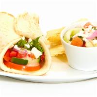 Greek Salad Gyro · Tomatoes, cucumbers, roasted red peppers, red onions, mixed lettuce, feta, and Greek dressin...