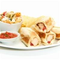 Grilled Chicken Roll-Up · With tomato and feta in a griddled flour tortilla, served with fresh salsa. Served with Chip...
