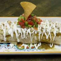 Pollo y Chorizo Burrito · Stewed chicken and Mexican sausage. Flour tortilla, rice, and beans, salsa verde, cheese, so...