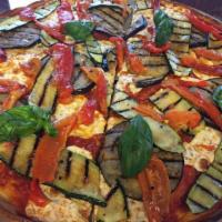 Grilled Vegetable Pizza · Grilled zucchini, grilled eggplant, fresh roasted peppers and fresh mozzarella.