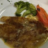 Filet of Sole Oreganata · Broiled with lemon and white wine topped with seasoned bread crumbs. Served with vegetable o...