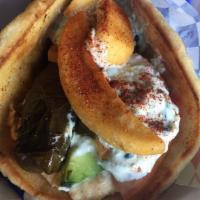 Veggie Gyro with Fries · Is made with hummus, cucumbers, tomatoes, onions, dolma, tzatziki sauce and fries. Served wi...