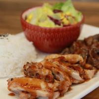 Teriyaki Combo Plate · Comes with: Choice of TWO proteins, choice of one sauce / salad / rice
