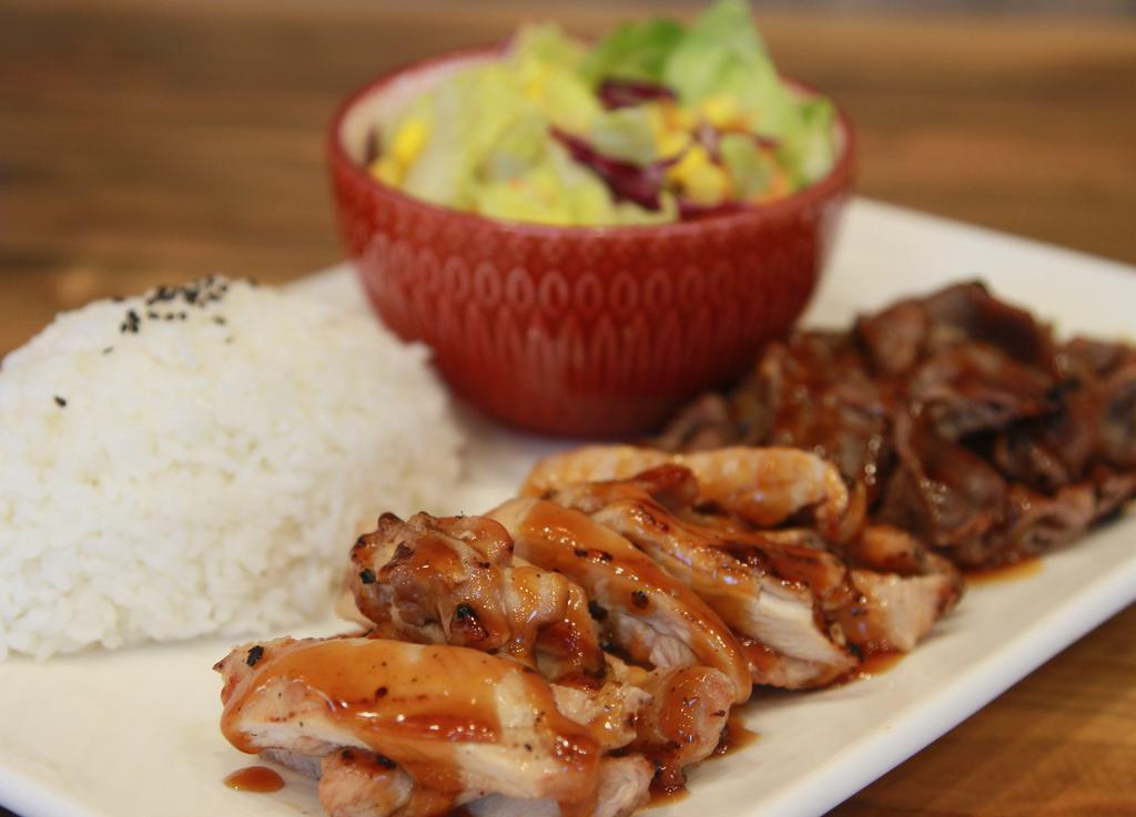 Teriyaki Combo Plate · Comes with: Choice of TWO proteins, choice of one sauce / salad / rice