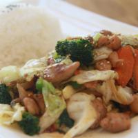 Stir-Fry Vegetables · Packed with vegetables (mushroom, green pepper, carrot, onion, broccoli, cabbage, green onio...