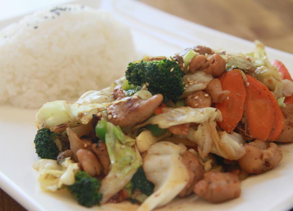 Stir-Fry Vegetables · Packed with vegetables (mushroom, green pepper, carrot, onion, broccoli, cabbage, green onion) and choice of protein (chicken, beef, pork and shrimp). Sautéed with house teriyaki sauce and served with rice.