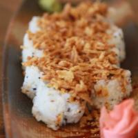 Crispy California Roll · Filled with avocado, crab meat and cucumber, topped with crispy onion chips and tare (sweet ...