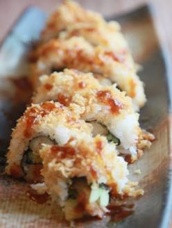 Crunch Shrimp Roll · Filled with tempura shrimp and cucumber topped with crunchy flakes.