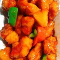 Sweet and Sour Chicken甜酸鸡 · Cooked with or incorporating both sugar and a sour substance.