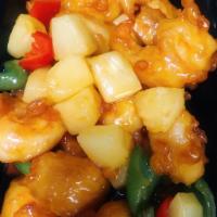 Pineapple shrimp菠萝虾 · peeled shrimp with pineapple, testy sweat &soure