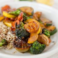 Shrimp Bowl · Brown rice, red quinoa, broccoli, yellow squash, zucchini and carrots topped with a sweet an...