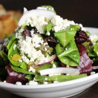 Spring Mix Salad · Spring lettuce mix, red onion, feta cheese, golden raisins, pine nuts and sweet vinaigrette.