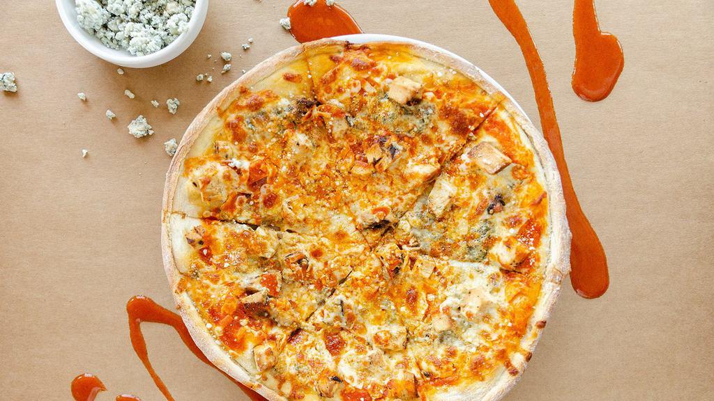 Buffalo Chicken Gorgonzola Pizza · Roasted chicken, Buffalo sauce, Gorgonzola, mozzarella and Parmesan.