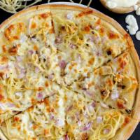 Chicken Alfredo Pizza · Alfredo sauce, roasted chicken, red onion, baked spaghetti, mozzarella, Parmesan. Kick it up...