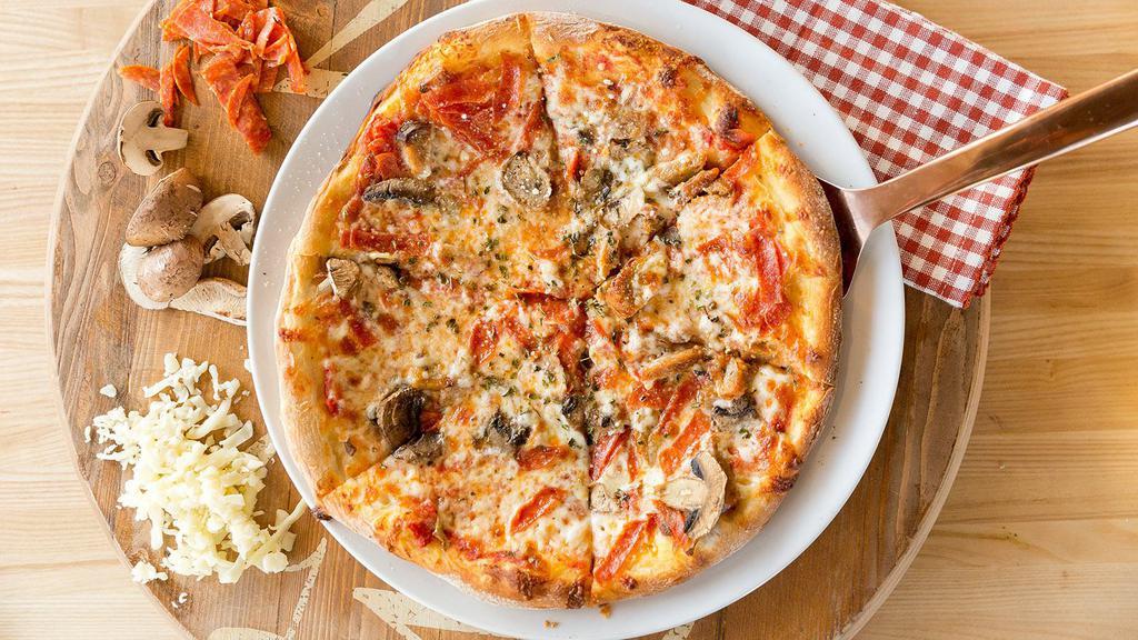 Mushroom Pepperoni and Sausage Pizza · Marinara sauce, mozzarella, mushrooms, pepperoni, and sausage.