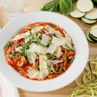 Zoodles Arrabbiata · Zucchini noodles, spicy marinara, pomodoro tomato, anchovy paste, onion and fresh basil.